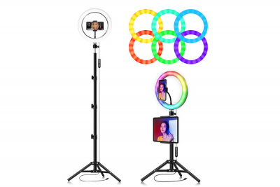 Кольцевая селфи лампа RGB LED MJ18 с тремя держателями для смартфона диаметр 45 см